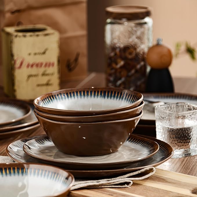 Melamine Dinnerware Set, 12 Pcs Dishware Sets, Plate and Bowl Set Service for 4, Lightweight and Unbreakable Dinnerware Sets for Camping, Great for RV, Dishwasher Safe, Sahara Beige and Blue