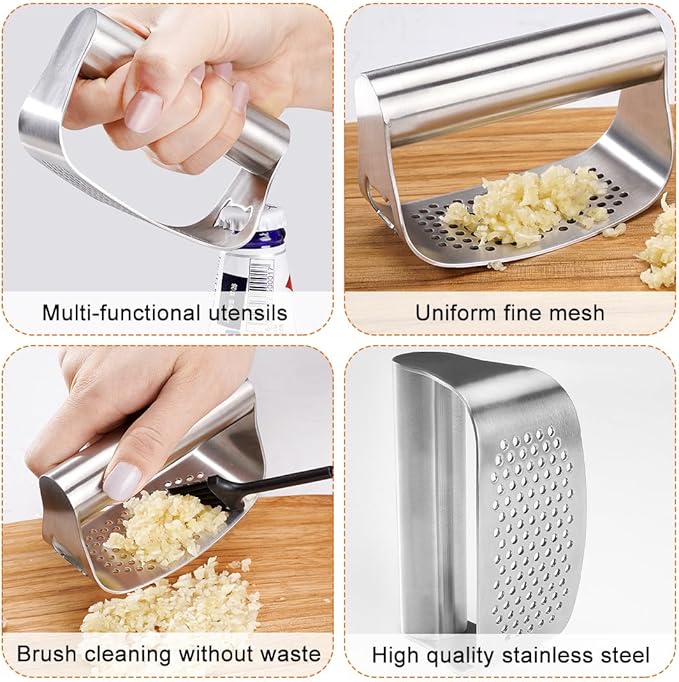 Stainless Steel Garlic Presser, Upgraded Garlic Press Rocker Garlic Mincer Garlic Crusher with Peeler and Cleaning Brush, Garlic Chopper for Smash Garlic Kitchen Gadgets Tools