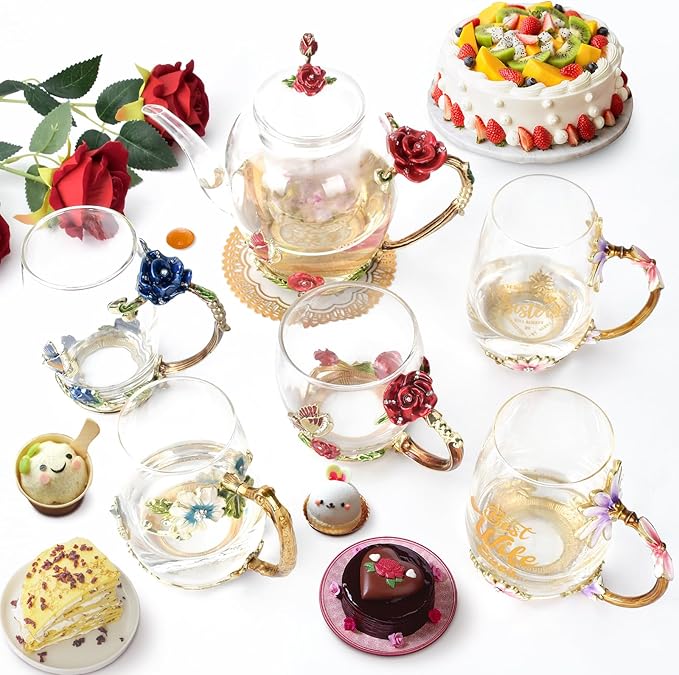 Enamel Glass Flower Tea Pot With Removable Loose Tea Leaf Infuser Tea Maker Teapot Set 30.4OZ Gifts for Women,Mom,Birthday
