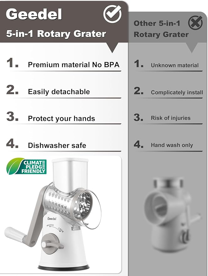 Geedel Rotary Cheese Grater Cheese Shredder with 5 Interchangeable Blades - Upgraded Rotary Grater Featuring Strong Suction Base for Cheese Shredding, Wavy Slicing, Nut Grinding, and Ice Shaving