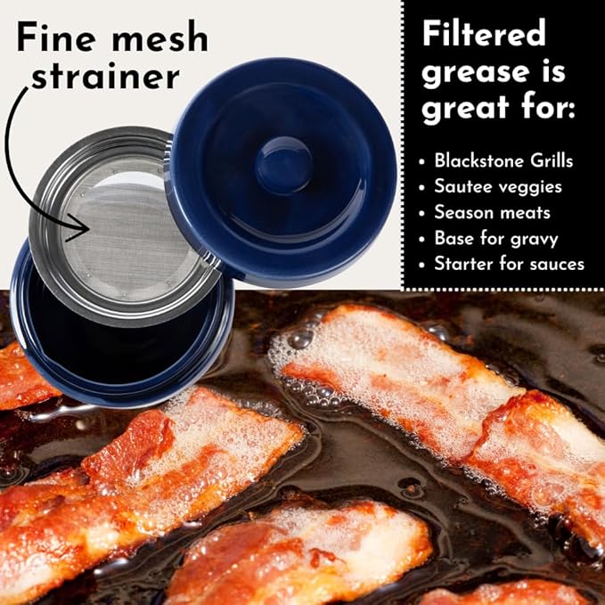Bacon Grease Saver with Strainer - Ceramic Grease Container 1L Storage Canister | Holds Bacon Fat Drippings | Oil Keeper for Kitchen Counter Storage