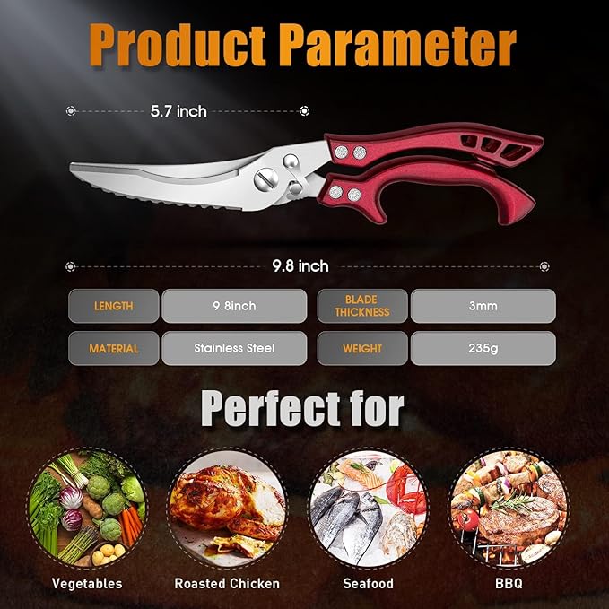 Poultry Shears, Red Heavy Duty Kitchen Shears with Serrated Edge, No Rust Spring Loaded, Multipurpose Stainless Steel Kitchen Scissors for Chicken Meat, Turkey, Fish, Christmas Gifts for Men Women
