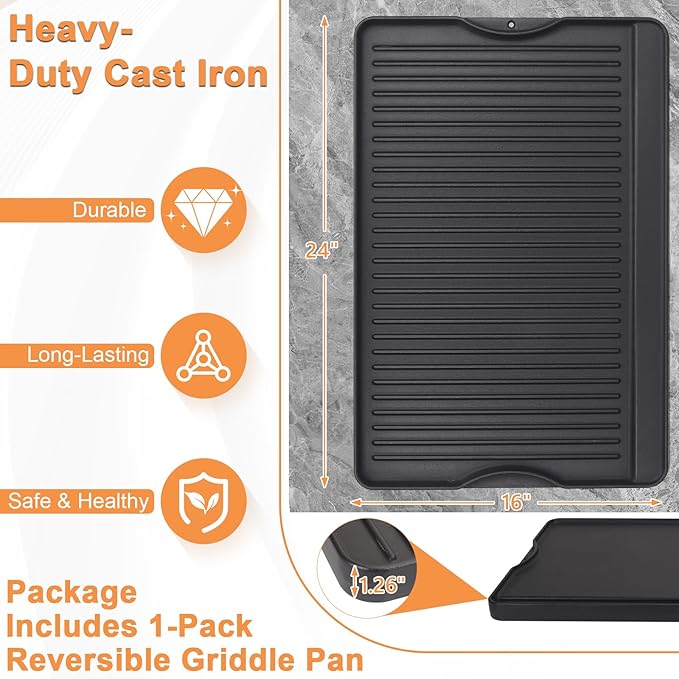 Cast Iron Griddle for Gas Grill, 16" x 24" Reversible Pre-Seasoned Large Flat Top Griddle Plate for Camp Chef etc., Stovetop/Electric/Propane/Charcoal, Outdoor Cooking Oblong Grilling Pan for Camping