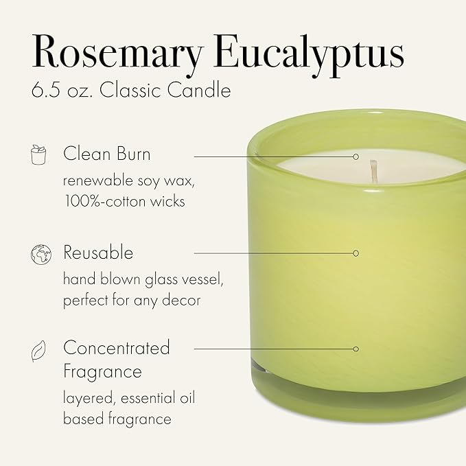 LAFCO New York Classic Candle, Rosemary Eucalyptus - 6.5 oz - 50-Hour Burn Time - Reusable, Hand Blown Glass Vessel - Made in The USA