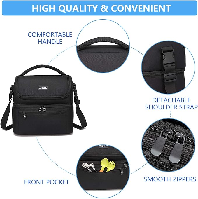 Vaschy Lunch Bag for Men and Women - 8L Capacity, Water Resistant, with Shoulder Strap and Carry Handle, Black
