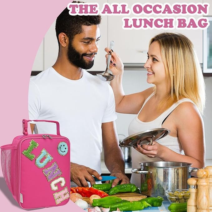 FlowFly Lunch box Insulated Soft Bag Mini Cooler Back to School Thermal Meal Tote Kit With Buckle and Mesh Side Pocket for Girls, Boys, RoseRedWithLetter