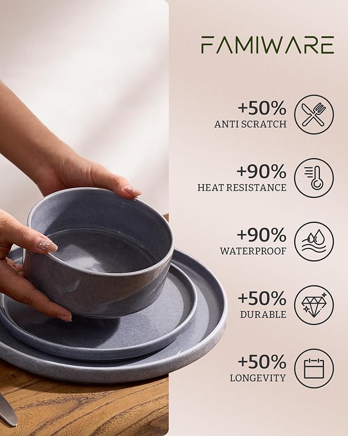 Famiware Annecy Plates and Bowls Sets, Service for 4 (16 Pieces), Dinnerware Sets with Pasta Bowls, Microwave and Dishwasher Safe Dishes Set, Chip and Scratch Resistant, Misty-Blue