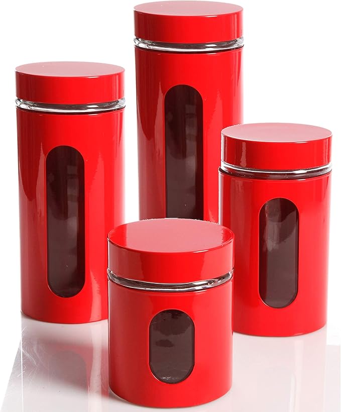 Quality Modern Red Stainless Steel Canister Set for Kitchen Counter with Glass Window & Airtight Lid - Food Storage Containers with Lids Airtight - Pantry Storage and Organization Set