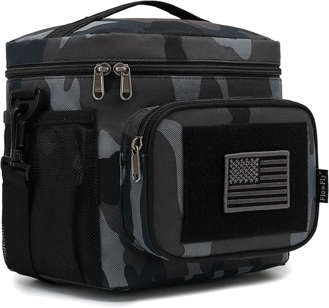 FlowFly Lunch Bag, Insulated Cooler, Thermal Lunch Box Tote with MOLLE/PALS Webbing, Adjustable Padded Shoulder Strap, for Tactical Men Women Adults and Boys Girls Kids (Black#Camo, Medium)