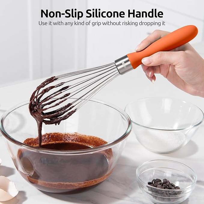 U-Taste Balloon Whisk for Cooking: 18/10 Stainless Steel Kitchen Wire Whisk, Medium Heavy Duty Egg Beater, Manual Baking Mixing Tool with 8 High Flex Wires for Stirring, Blending Sauce (Orange)