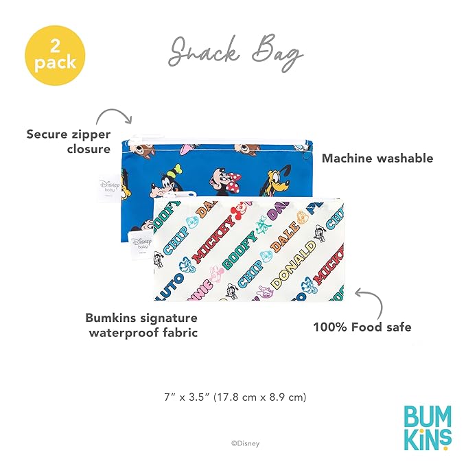 Bumkins Disney Reusable Snack Bags, for Kids School Lunch and for Adults Portion, Washable Fabric, Waterproof Cloth Zip Bag, Supplies Travel Pouch, Food-Safe Storage, 2-pk Mickey and Friends
