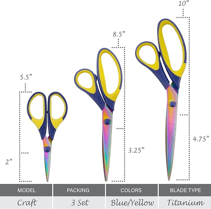 BambooMN Titanium Softgrip Scissors Set for Sewing, Arts, Crafts, Office - Blue w/Yellow - 30 Sets of 3