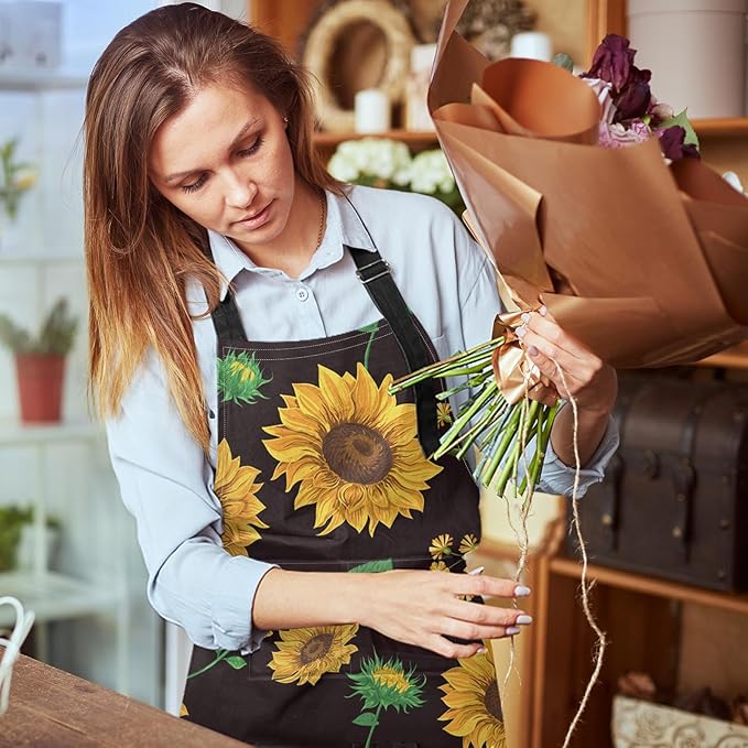 Britimes Apron Home Kitchen Cooking Baking Gardening for Women Men with Pockets Sunflowers Floral Flowers Leaf Vintage 32x28 inch