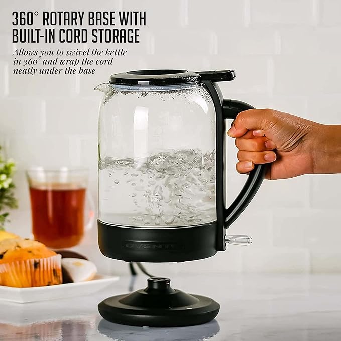OVENTE 1.5L Electric Kettle and Coffee Beans Grinder Set, 1500W Fast Boiling Borosilicate Glass Water Heater and 2.5Oz Compact Grinding Mill with Stainless Steel Blade Combo, Black KG516B + CG225B