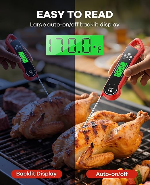 Meat Thermometer Digital, Instant Read Thermometer with Backlight, Calibration & Hold Function, Waterproof Food Thermometer for Kitchen and Outside, BBQ, Turkey, Candy, Liquids, Beef (red)