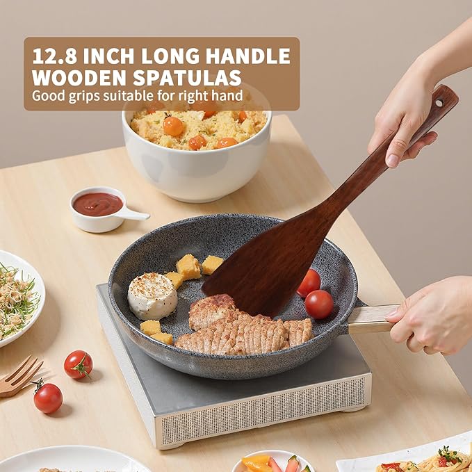 Wooden Spatula for Cooking, Long Handle Corner Spatulas for Frying Pan, Good Grips Right Hand Wood Turner for Cooking Kitchen Utensils