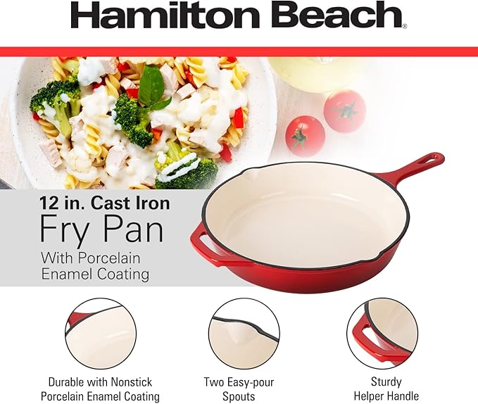 Hamilton Beach Enameled Cast Iron Fry Pan 12-Inch Red, Cream Enamel Coating, Skillet Pan for Stove Top and Oven