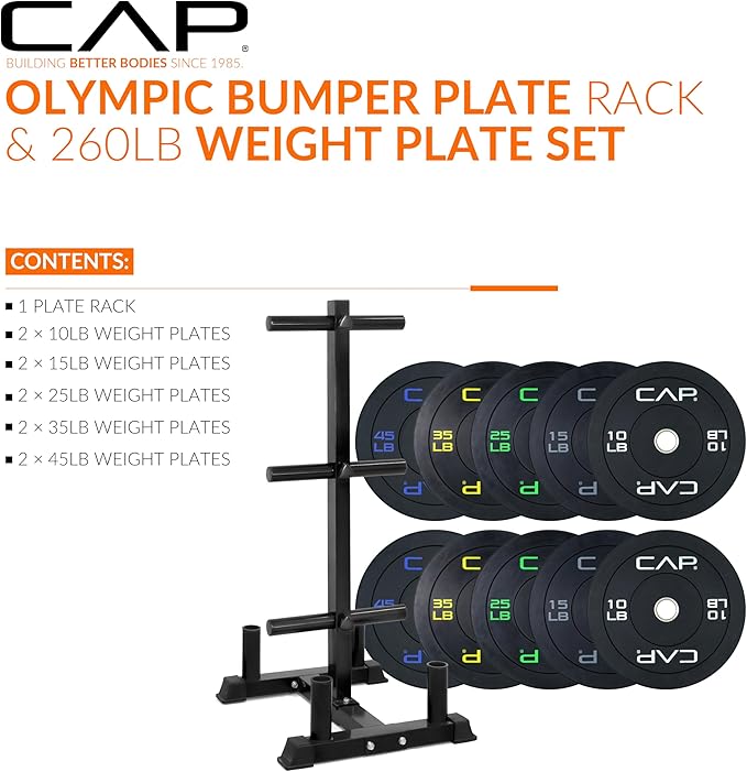 CAP Barbell 2-Inch Olympic Bumper Plate Weight Set with 6 Post Rack | 100-370 lbs | Multiple Options