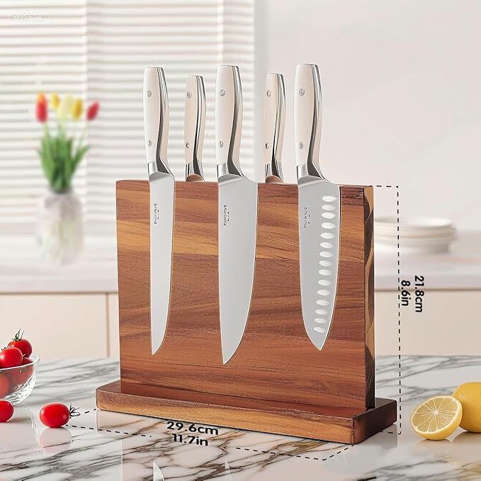 Magnetic Knife Block Stand, Kitchen Counter Organizer, Double-Sided Kitchen Knife Holder, Acacia Wood, Universal Storage Organizer, 11.7 x 8.6 x 4 inches