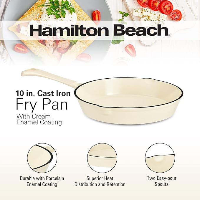 Hamilton Beach Enameled Cast Iron Fry Pan 10-Inch Cream, Cream Enamel Coating, Skillet Pan for Stove Top and Oven