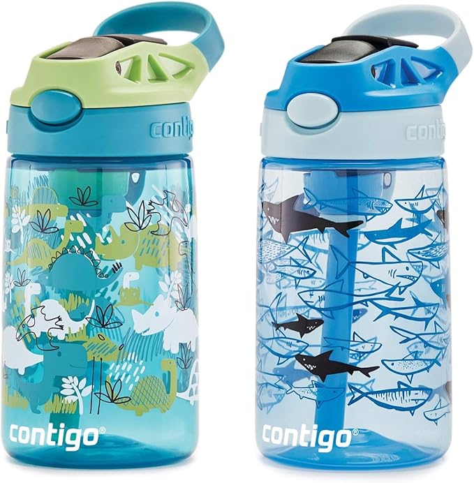 Contigo Aubrey Kids Dinos & Sharks Cleanable Water Bottle with Silicone Straw Spill-Proof Lid Dishwasher Safe 14oz 2-Pack (Pack of 4)