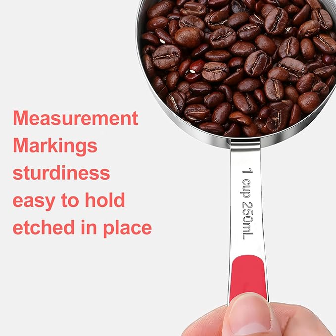Measuring Cups and Spoons Set Stainless Steel 10 Piece for Cooking and Baking (5 Cups + 5 Spoons, Red Handle)