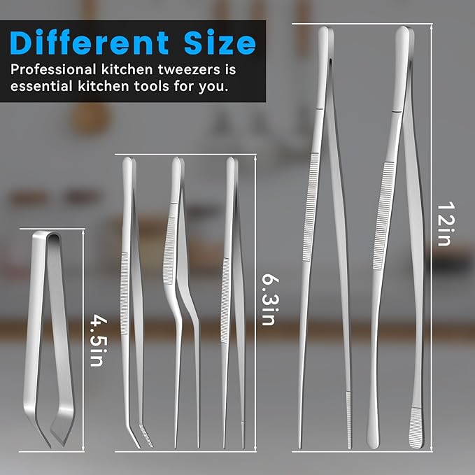 HOTEC Kitchen Tweezers Tongs Stainless Steel, Set of 6 - Professional Cooking Tweezers for Cooking, Chefs, BBQ, Seafood, Baking & Repair