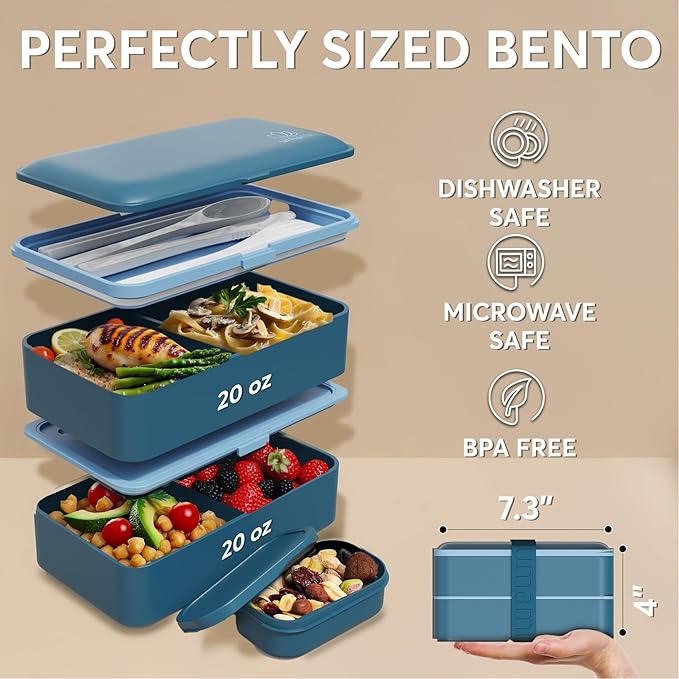 Umami Bento Box Adult All-In-1 w/4 Utensils, Big Sauce Jar, 2 Dividers, 100% Leakproof, Microwave & Dishwasher Safe, Stackable Bento Lunch Box Containers for Men/Women, Denim Blue, 40 oz