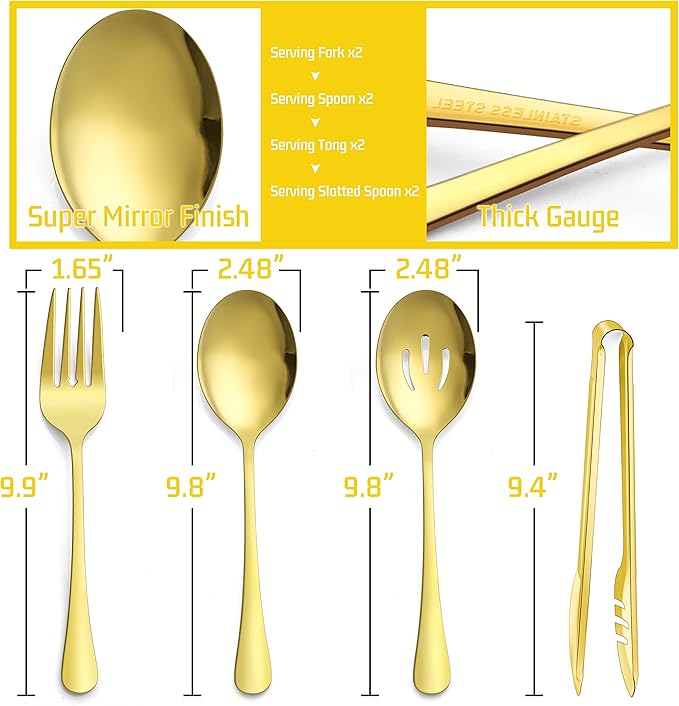 Large Gold Serving Utensils Set of 8, E-far Stainless Steel 9.8 Inch Serving Spoons Slotted Spoon, 9.9 Inch Forks, 9.4 Inch Tong for Buffet Catering, Mirror Finish & Dishwasher Safe