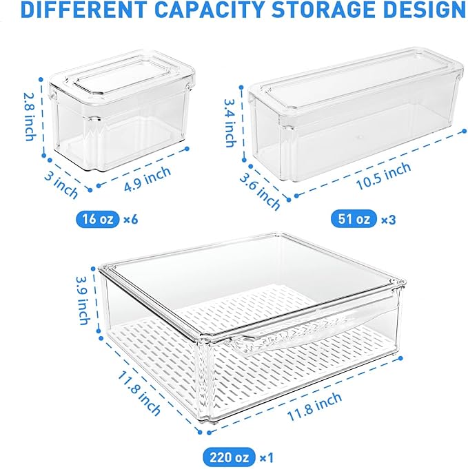 Pomeat 10 Pack Fridge Organizer, Stackable Refrigerator Bins with Lids, BPA-Free Produce Fruit Storage Containers for Fridge, Clear for Food, Drinks, Vegetable