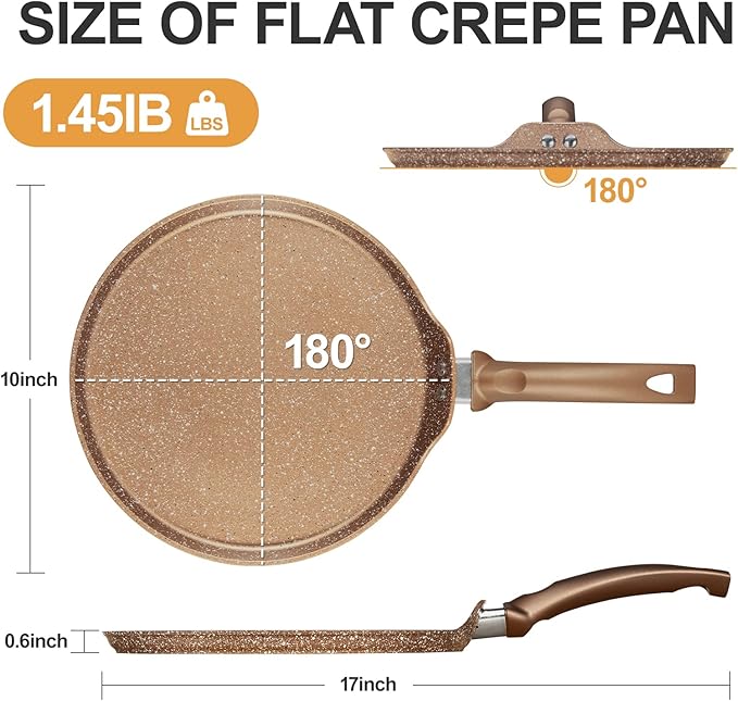 Innerwell Nonstick Crepe Pan, Granite Coating Flat Skillet Dosa Tawa Tortilla Pan, 10 inch Pancake Griddle Roti Pan With Stay-Cool Handle, Induction Compatible, PFOA Free