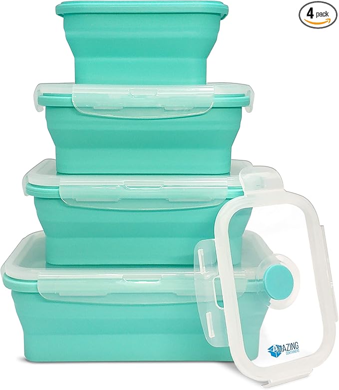 AMAZING CONTAINERS™ Collapsible Silicone Food Storage Container Set of 4 with Lids | Stackable | Microwaveable | Freezer, Dishwasher Safe| BPA Free