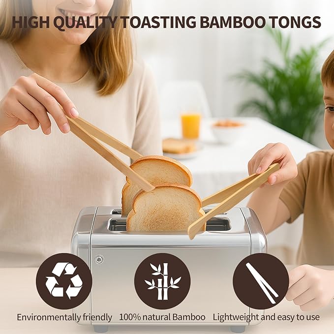 2 Pieces Natural Bamboo Toaster Tongs,9.8-Inch Long Bamboo Toast Tongs with Anti-slip Design,Heat-Resistant Tongs for Cooking and Serving