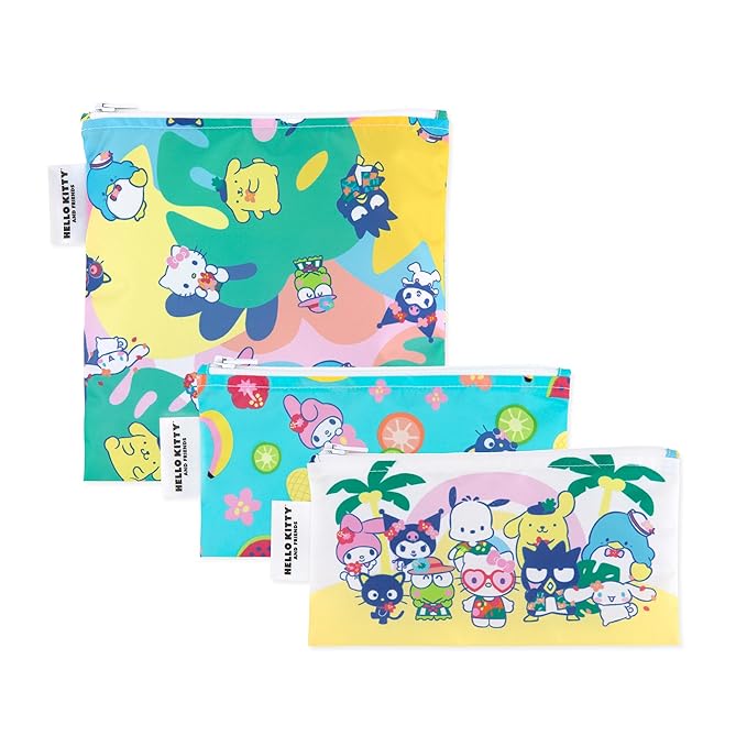 Bumkins - Cloth Snack & Sandwich Bags - For Storage, Travel, Food Prep, Lunch - Reusable, Water Resistant, Washable, Dishwasher Safe - Snack Bags for Kids - Zipper Closure - Hello Kitty - 3 Pack