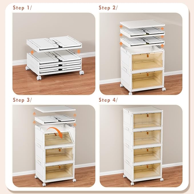 4 Tier Stackable Storage Bins with Lids, 28Qt Plastic Storage Containers with Magnetic Doors & Wheels, Convenient Storage Bins Closet Organizers, Household Organization for Home, Party, Office, Dorm