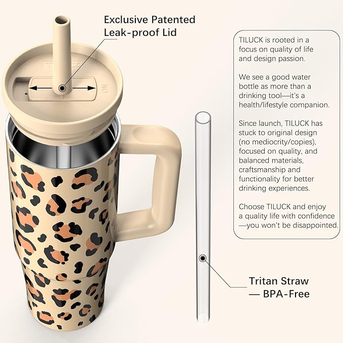 TILUCK 30 oz Tumbler with Handle, Vacuum Insulated Stainless Steel Travel Mug with 100% Leak-Proof Silicone Straw Lid, Cupholder Friendly Water Bottle(Leopard, 30oz)