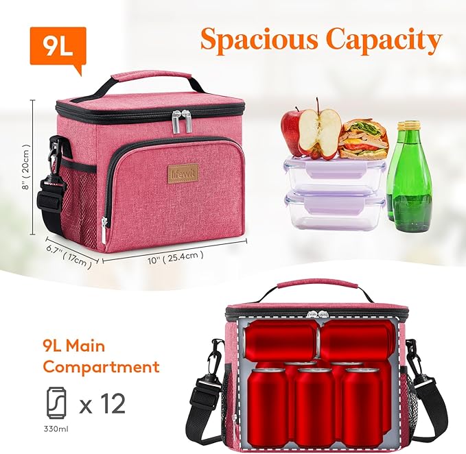 Lifewit Reusable Insulated Lunch Bag for Men, Lunch Box Women, Portable Cooler Freezable Soft Lunchbox Leakproof with Adjustable Shoulder Strap for Adult for Work Picnic or Travel, Pink 9L