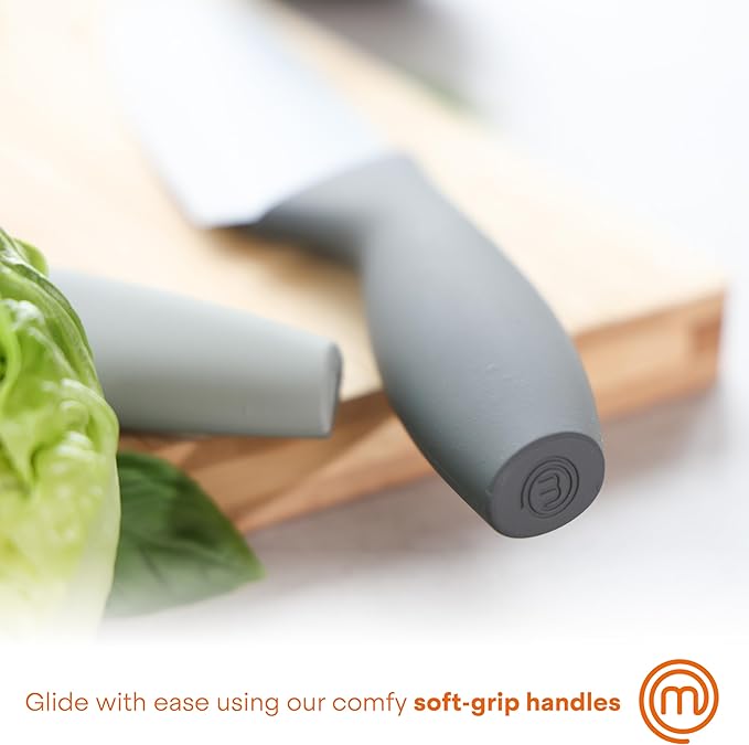 MasterChef Kitchen Knife Set with Covers, 6 Professional Chef Knives for Home Kitchens, Extra Sharp Cutting Stainless Steel Blades & Protective Sheaths, Soft-Touch Easy-Grip Handles, Earth Greys