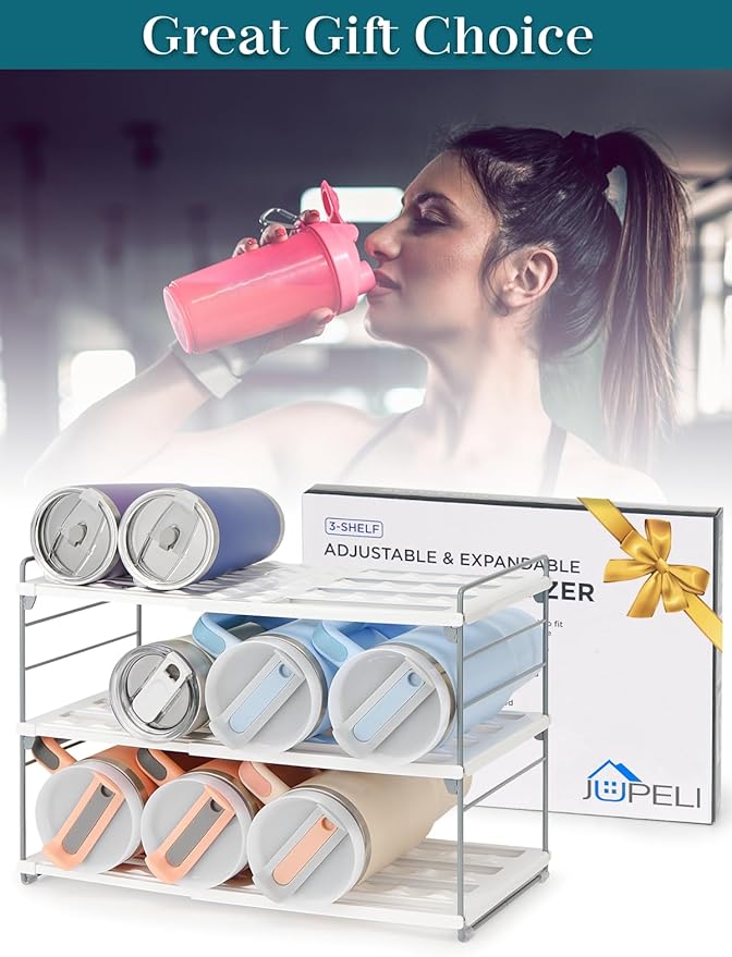 Upgraded Large Expandable Water Bottle Organizer for 40 oz Stanley, Owala & Yeti Tumblers, Adjustable Storage Rack for Travel Mug Cabinet, Pantry, and Kitchen Organization, Fits 20/30 oz Bottles Too