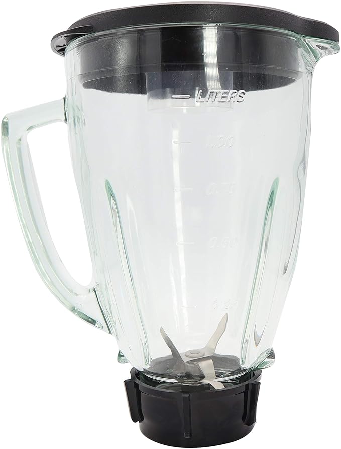 Blendin Complete 6-Piece 48 Ounce Replacement Round Glass Jar Cup Assembly Set With a Jar Base Cap, Blade, Gasket, Round Lid, Center Fill - Compatible with Standard Oster & Osterizer Blenders