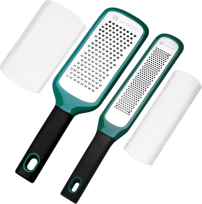 linoroso Lemon Zester & Cheese Grater Set of 2 - Kitchen Handheld Grater Tool for Cheese, Garlic, Ginger, Nutmeg, Chocolate, Fruits - Razor Sharp Stainless Steel Blade with Protective Cover