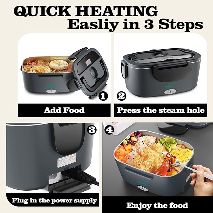Buddew Electric Heated Lunch Box for Adults - 80W Fast Heating, 1.5L Food-Grade Stainless Steel, 12V/24V/110V Portable Food Warmer for Work Travel Car, Lonchera Electrica Portatil