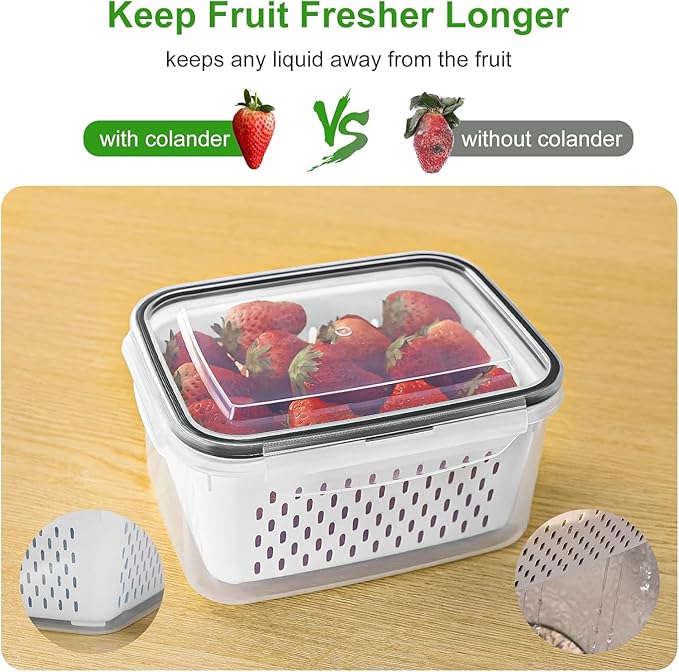 Freshmage Fruit Storage Containers for Fridge with Removable Colander, Airtight Food Storage Container, Dishwasher Safe Produce Saver for Refrigerator, Keep Berry Fruit Fresh Longer 6 pcs Large Clear