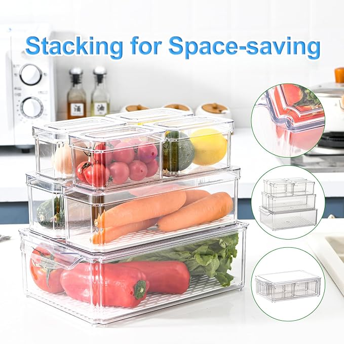 14-Pack Clear Fridge Organizer Bins with Lids, Stackable Refrigerator Storage Containers, BPA-Free with Drain Tray & Anti-Slip Base for Fruits, Veggies, Drinks