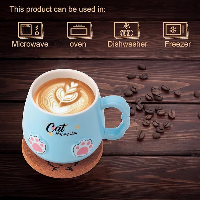 Cute Cat Mug, Novelty Ceramic Coffee Tea Milk Cup with Lovely Kitty Lid, Kawaii Claw Spoon, Anime Coaster, Novelty Things Birthday Christmas Gift for Cat Lovers Women Her, 14 oz, Blue