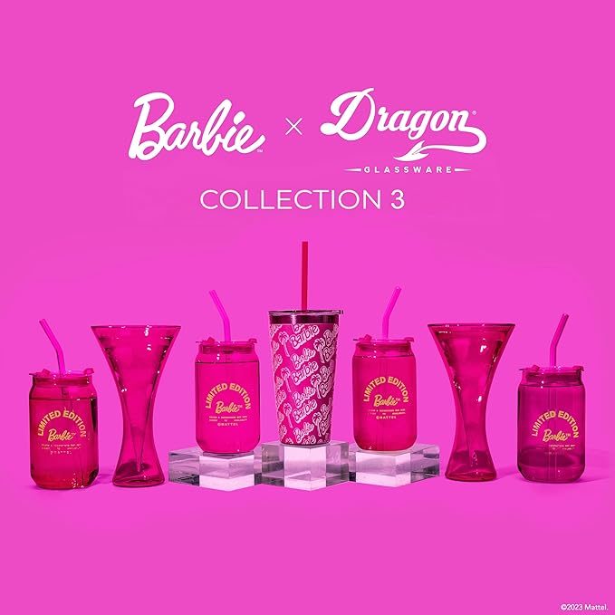 Dragon Glassware x Barbie Vacuum Insulated Tumbler with Lid and Straw - 16 oz Tumbler Cup with 2 Straws - Stainless Steel Tumbler with Straw for Water, Iced Tea - Travel Coffee Tumbler - Classic