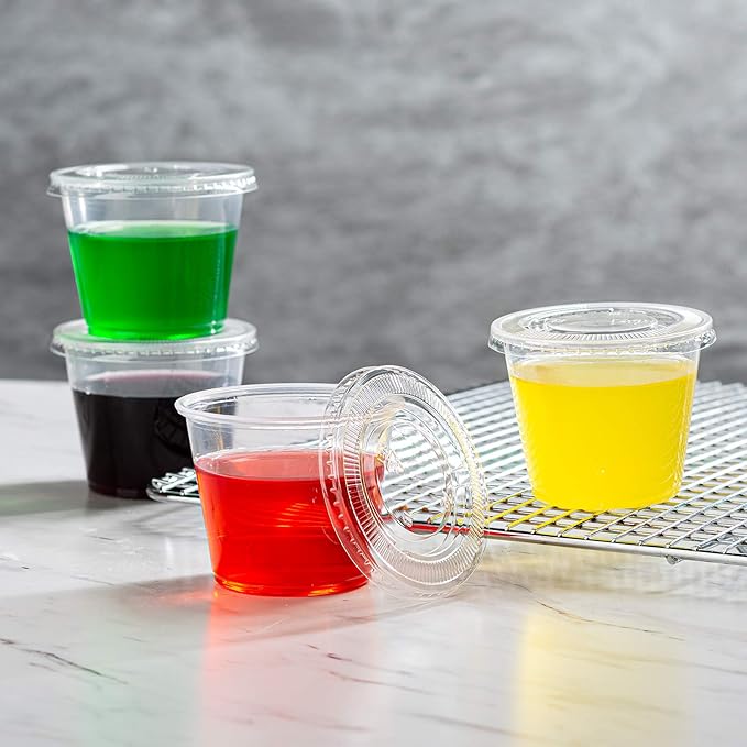 Portion Cups with Lids (5.5 Ounces, 100 Pack) | Disposable Plastic Cups for Meal Prep, Portion Control, Salad Dressing, & Medicine | Small Plastic Condiment Container