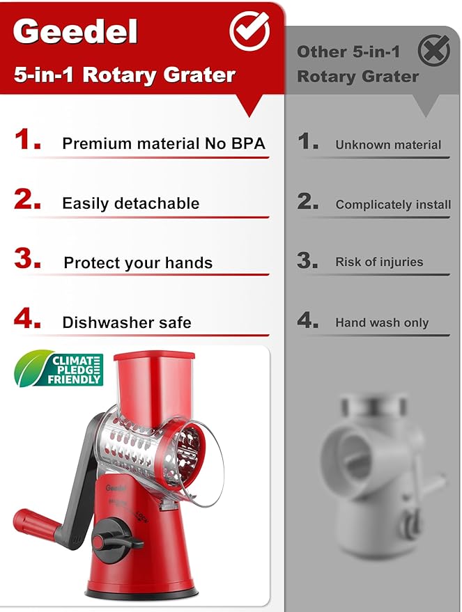 Geedel Rotary Cheese Grater Cheese Shredder with 5 Interchangeable Blades - Upgraded Rotary Grater Featuring Strong Suction Base for Cheese Shredding, Wavy Slicing, Nut Grinding, and Ice Shaving