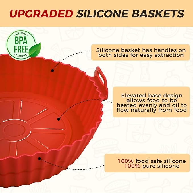 3 Pack Air Fryer Silicone Liners for 5 QT or Bigger, Reusable Food Grade Silicone Airfryer Liners Pot Baking Basket Accessories Replacement of Flammable Disposable Parchment Paper Top 8.7 inch