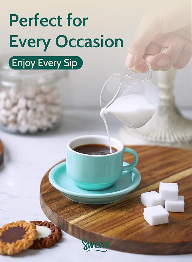 Sweese 2.5 Ounce Porcelain Stackable Espresso Cups with Saucers and Metal Stand Set of 4, Turquoise